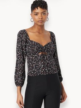 Abercrombie & Fitch Black Spotted Tie-Front Long Sleeve Top